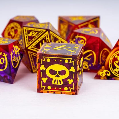 Cusdie 7-Piece Sharp Edges DND Dice Set with Pirate Design - Perfect for Tabletop RPGs Board Games Gifting and Collecting(Red w/Yellow Pirate Pattern) - color: Red W/Yellow Pirate Pattern