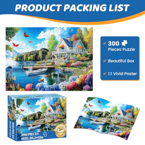 300 Pieces Puzzles for Adults | Lake House Jigsaw Puzzles | Large 300 Piece Puzzle for Children Adults Seniors | Sturdy,Safe | Engaging & Educational Toys Great Gift for Boys Girls 20.5 x 15 in - style: Lakeside Lodge