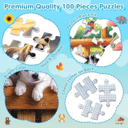4-Pack 100 Piece Puzzles Dogs Cats Bears Elephants Puzzle for Kids | Jigsaw Puzzle for Adults Seniors Children Learning Educational Puzzles Toys Birthday Gifts for Girls Boys Ages 4-8 8-10 - style: Dogs Cats Bears Elephants