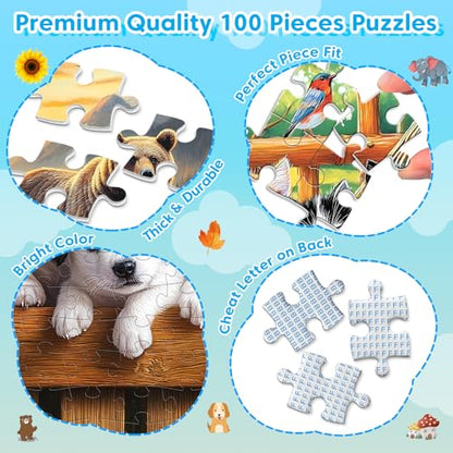 4-Pack 100 Piece Puzzles Dogs Cats Bears Elephants Puzzle for Kids | Jigsaw Puzzle for Adults Seniors Children Learning Educational Puzzles Toys Birthday Gifts for Girls Boys Ages 4-8 8-10 - style: Dogs Cats Bears Elephants