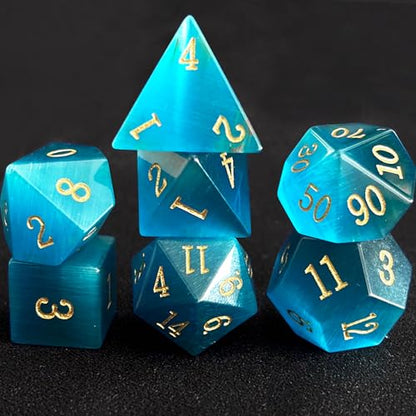RULE DICE Gemstone DND Dice, Dungeons and Dragons Dice Set 7PCS Polyhedral Gem Stone Dice Set D4 D6 D8 D10 D% D12 D20, RPG Dice D&D Accessories Dice Gift(Light Blue Cat's Eye) - color: A-light Blue Cat Eye