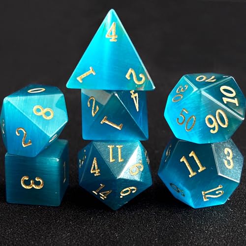 RULE DICE Gemstone DND Dice, Dungeons and Dragons Dice Set 7PCS Polyhedral Gem Stone Dice Set D4 D6 D8 D10 D% D12 D20, RPG Dice D&D Accessories Dice Gift(Light Blue Cat's Eye) - color: A-light Blue Cat Eye