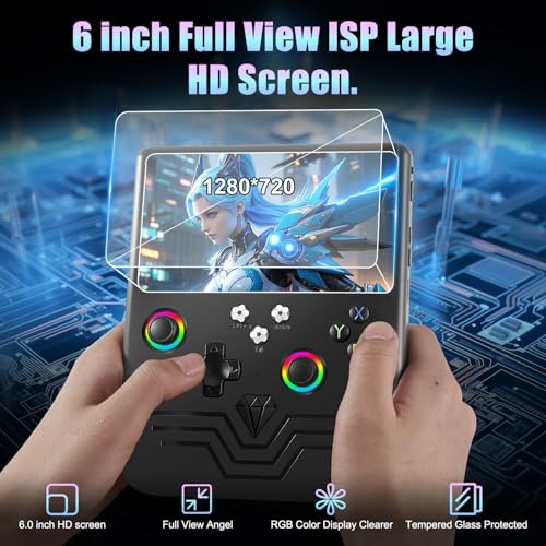 R60 Max Handheld Game Console, 128GB Retro Gaming Console with 40000+ Games, 6-Inch IPS Screen, Linux System, RGB Joysticks, 6000mAh Rechargeable Portable Gaming System (Black Color) - color: Black Color