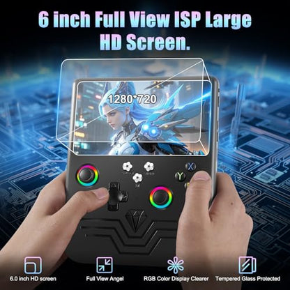 R60 Max Handheld Game Console, 128GB Retro Gaming Console with 40000+ Games, 6-Inch IPS Screen, Linux System, RGB Joysticks, 6000mAh Rechargeable Portable Gaming System (Black Color) - color: Black Color