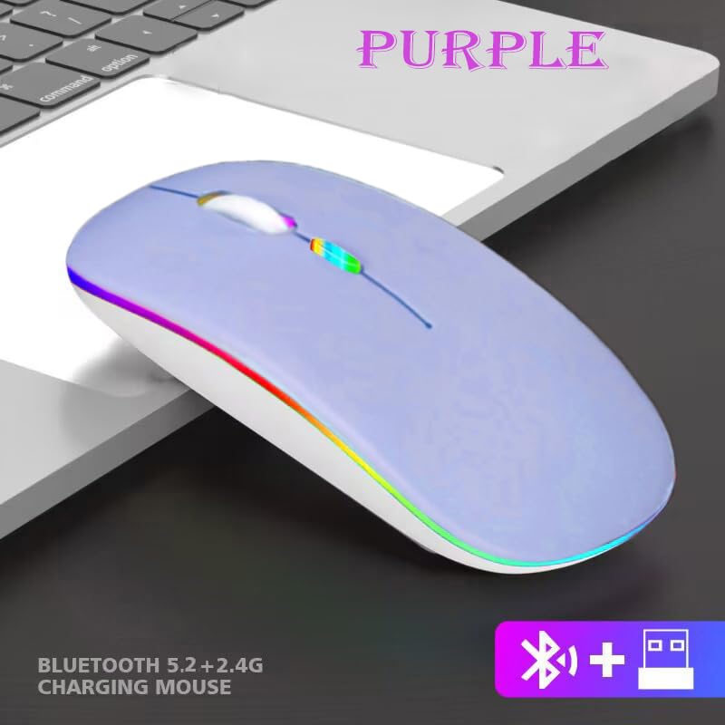 Guiheng Wireless Bluetooth Mouse,LED Dual Mode Rechargeable Silent Slim Laptop Mouse,Portable(BT5.2+USB Receiver) Dual Mode Computer Mice,for Laptop,Desktop Computer,ipad Tablet,Phone,Mac(Purple) - color: Purple