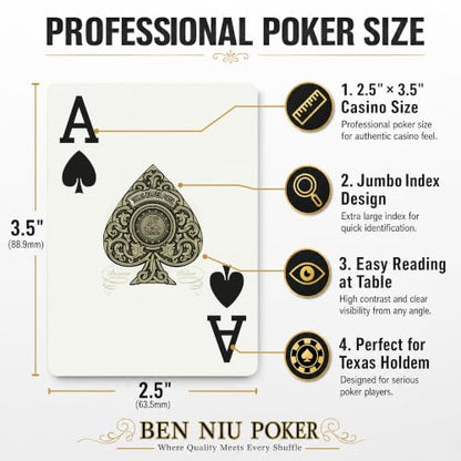 Ben Niu Gold Edge 100% Plastic Poker Size Playing Cards Jumbo Index | Waterproof pvc material, fully washable surface, 180 degree flexibility, matte finish, luxury present - color: 333 Poker 117 Golden Gear
