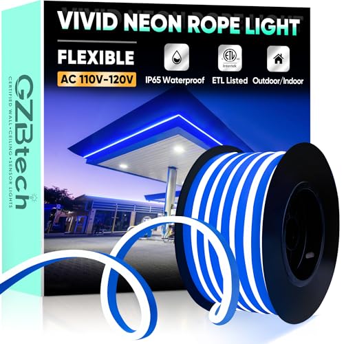 GZBtech Flexible LED Neon Rope Lights 33FT,AC 110-120V Waterproof Strip Light, 120 LEDs/M Cuttable Connectable Neon Lighting for Indoor Outdoor Home Decor/Commercial Building Use-Blue 10M, ETL Listed - color: Blue, size: 33FT
