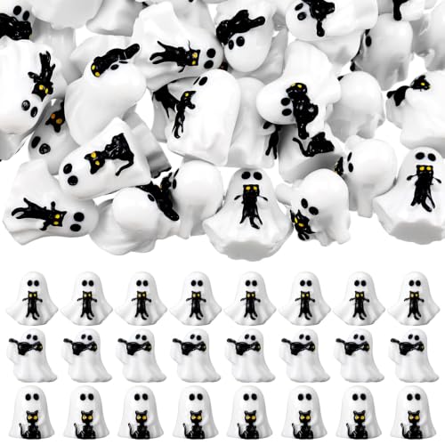 Soulchen 50pcs Halloween Mini Resin Figures Bulk Tiny Resin Ghost Figures Little Small Miniatures to Hide Ghost with Black Cat Craft for Halloween Party Gifts Bag Fillers Decor - style: Ghost