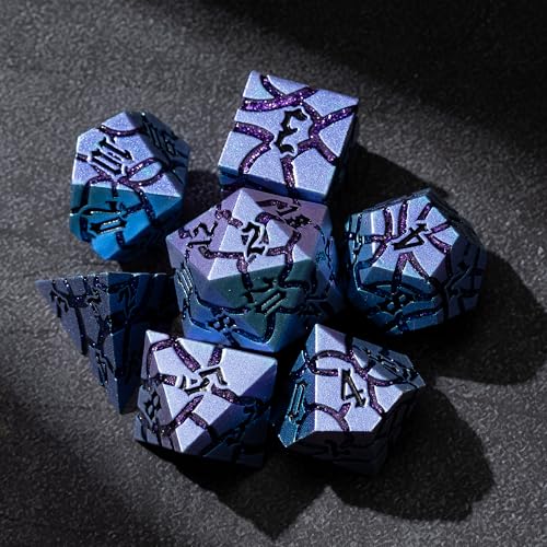 Metal Dice for DND - Ancient Cracked – Blue Shift Purple Glitter Cracks | Beautiful 7pc Polyhedral Dice Set, Smooth Rolling, Role Playing Games (RPG), Compatible with D&D, for Dungeons and Dragons - color: Blue Purple With Purple Glitter
