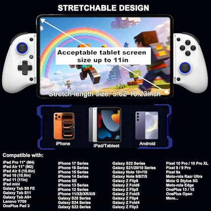 Megadream Mobile Gaming Controller for iPhone/Android/PC - iPad/Tablet (Up to 11in) - Cloud Game - NS-Switch|Swith 2 - Turn Your Phone into a Gaming Console - PS5/Xbox Remote Play Streaming, Call of Duty, Roblox, Turbo, White - color: White