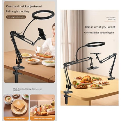 Overhead Camera Mount and Phone Holder with 10” Ring Light Canvas Lamp Adjustable Desk Tripod Stand Compatible with Logitech Webcam for YouTube, Live Streaming, TikTok, Cooking, Nail Video
