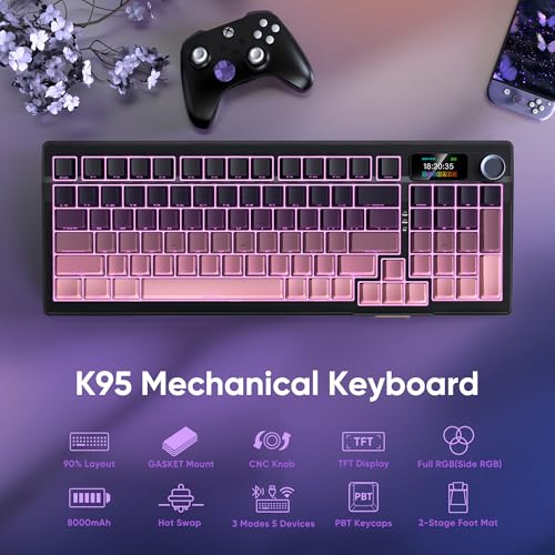 RedThunder K95 Wireless Mechanical Keyboard,TFT Screen & Knob, Trip-Modes Connection, Gasket Custom Hot-Swap Keyboard, RGB Backlit, Pre-lubed Linear Switches, Side Printed PBT Keycaps, Gradient Pink - color: Gradient Pink Black