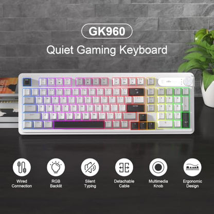 MageGee 96% Gaming Keyboard, RGB Backlit Wired Mechanical Feel Keyboard with Volume Knob, Full Size USB Keyboard with Number Pad, 19-Key Rollover, Multimedia Keys for PC Computer Laptop Windows - color: Greywhite