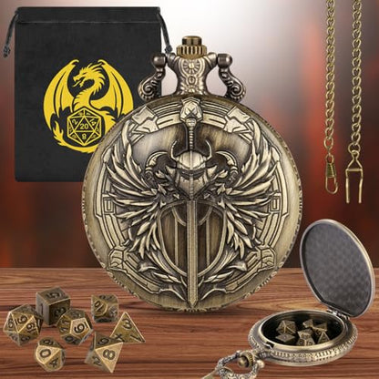 Mini DND Dice Set with Steampunk Paladin Pocket Watch Shell Case, DND Starter Set, 7pcs Polyhedral Mini Metal Dice Set, DND Gifts with Gift Bag, Role Playing Board Game Accessories,Bronze - color: Bronze