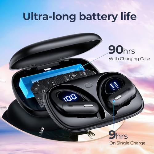 Active Noise Cancelling Wireless Earbuds Bluetooth Headphones 90 Hrs Playtime Ear Buds with Hi-Res Stereo Deep Bass Power Display Earphones with Earhooks Waterproof Transparency Headset Sports/Running - color: Black