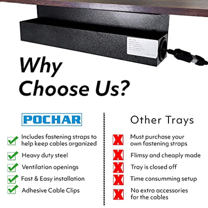 POCHAR Steel Under Desk Cable Management Tray for Office and Home | 16.5inch Wire & Cord Organizer, Power Strip Holder - Standing Desk Cable Tray Wire Management, Black - size: 16.5inch
