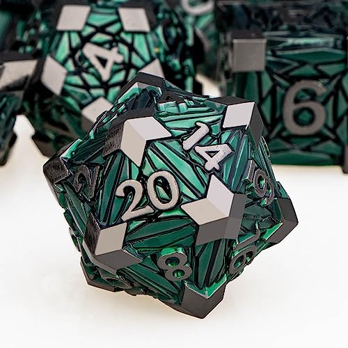 7PCS Metal DND Dice Set with Box, Debris RPG Green D and D Dice for use with D&D Tabletop Games Role Playing Game Polyhedral Dice Set D20 D12 D10 D8 D6 D4 - color: Black Green