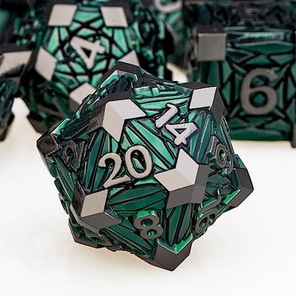 7PCS Metal DND Dice Set with Box, Debris RPG Green D and D Dice for use with D&D Tabletop Games Role Playing Game Polyhedral Dice Set D20 D12 D10 D8 D6 D4 - color: Black Green