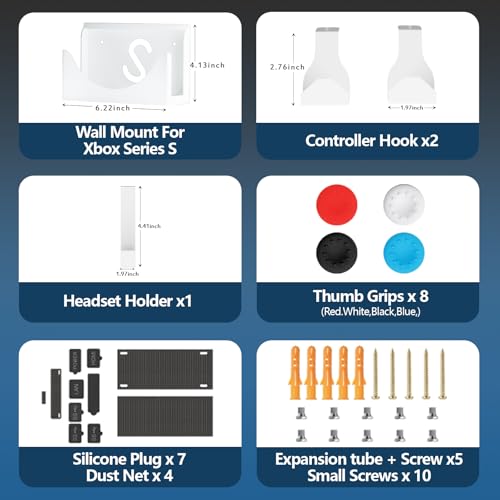 Wall Mount for Xbox Series S, Xbox Series S Wall Mount Kit, with Detachable Controller Holder & Headphone Hanger & Dust Plugs Net kits, Metal Stand for Xbox Series S (NOT FOR XBOX ONE S) - color: White