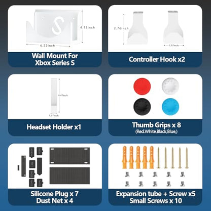Wall Mount for Xbox Series S, Xbox Series S Wall Mount Kit, with Detachable Controller Holder & Headphone Hanger & Dust Plugs Net kits, Metal Stand for Xbox Series S (NOT FOR XBOX ONE S) - color: White