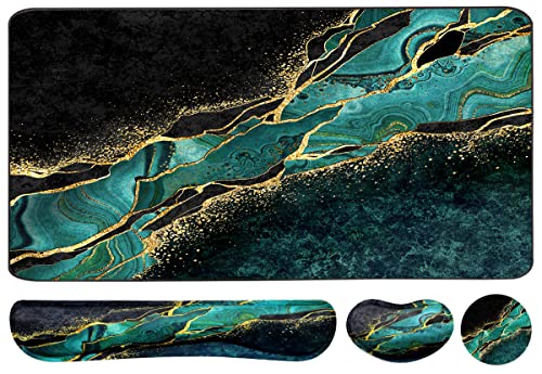 Keyboard Mouse Pad Set, Extended Mouse Pad+Keyboard Wrist Rest Support, Memory Foam Ergonomic Easy Typing, 3Pcs (35.4×15.7 in) Desk Pad Set for Home Office Study Game - Malachite Marble - color: Malachite Marble