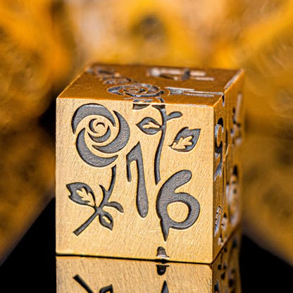 Gothic DND Dice Set Bleeding Rose Metal D and D Dice for use with Dungeons Dragons D&D Role Playing Game, Antique Gold RPG Blood Polyhedral Dice Set D20 D12 D10 D8 D6 D4 - color: Antique Gold