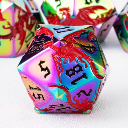 DND Metal Dragon Dice Set with Dragon, Metallic Polyhedral Dice Set for Dungeons and Dragons RPG TTRPG D&D Die with Gift Case (Dragon-Rainbow Red Dragon) - color: Rainbow Red Dragon