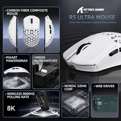 ATTACK SHARK R5Ultra 8K Carbon Fiber Wireless Gaming Mouse, White&Tape | 42K DPI,PAW3950 MAX Sensor,39g Ultra-Lightweight,Nordic 52840 MCU Chip,Wired/BT/2.4GHz Wireless Programmable Mouse for PC/Mac - color: White&Griptape