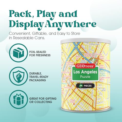 Geotoys Los Angeles Mini City Puzzle - 100 Piece Puzzles for Kids and Adults in Portable Can, 13" x 10" Educational Travel Puzzle for Ages 7 and Up - Mini Puzzles to Learn & Explore Geography - style: Los Angeles
