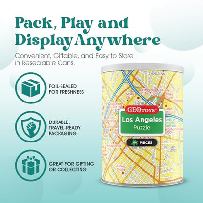 Geotoys Los Angeles Mini City Puzzle - 100 Piece Puzzles for Kids and Adults in Portable Can, 13" x 10" Educational Travel Puzzle for Ages 7 and Up - Mini Puzzles to Learn & Explore Geography - style: Los Angeles