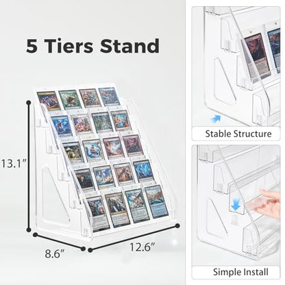 DEEIF 2 Pack Acrylic Trading Card Display Stand, 5-Tier Clear Shelf Holds Up to 40 Cards, 12" Wide Card Holder for Top loaders & Magnetic Cases, Large Storage for TCG, MTG Cards - size: 5 Tier, 2 Pack