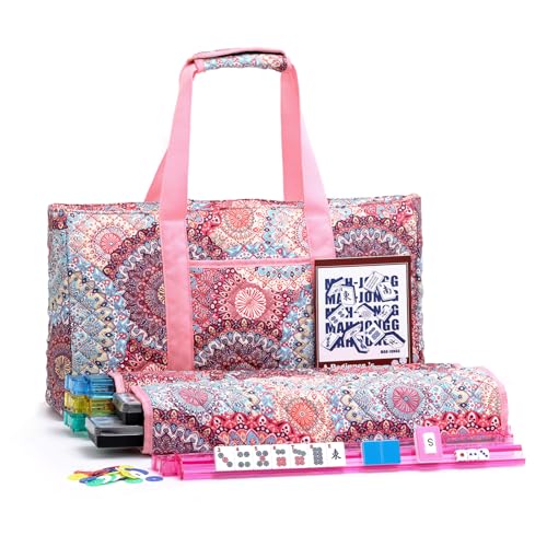 American Mahjong Tile Set with Pink Printed Carrying Bag, 166 Blue Tiles, 4 All-in-One Color Racks/Pushers, Mah Jongg Sets, Mahjong Game Set for Travel, Christmas, Birthday Gifts - color: Pink（blue Tiles）