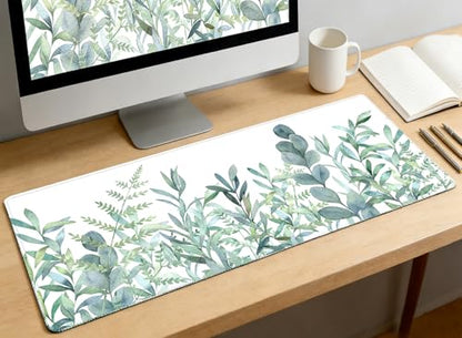 XXL Waterproof Office Desk Pad Protector 35.4x15.7 Inch - Extended Gaming Mouse Pad with Non-Slip Rubber Base, Thickened Keyboard Mat, Stitched Edges & Green Plants Design - color: A-green