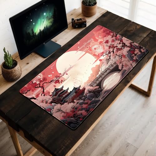 Pink Full Moon Desk Mat Japanese Sakura Blossom Large Mouse Pad Extended Japan Aesthetic Gaming Mousepad XXL Keyboard Pad Mouse Mat 31.5''X15.7'' Desk Pad Office Decor - color: Pink Full Moon