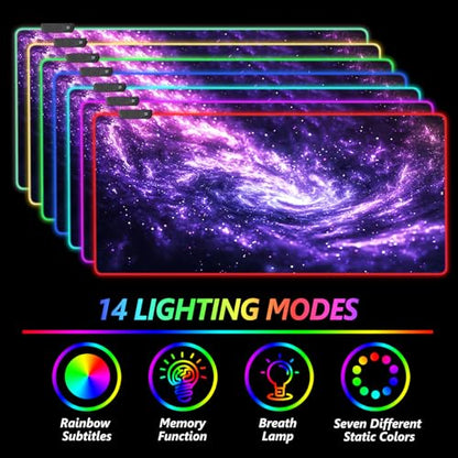 AIMSA RGB Mouse Pad LED Gaming Mouse Pad with 14 Lights Modes, Non-Slip Rubber Base Computer Carpet Desk Mat for PC Laptop (35.4 x 15.8 inch) Purple Blue Nebula - color: Purple Blue Nebula
