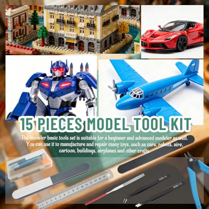 Bigstone 15 PCS Model Tools Kit Hobby Building Tools Craft Set Modeler Basic DIY Tools for Gundam Cars, Airplanes, Buildings, Robots Plastic Models Building Repairing and Fixing