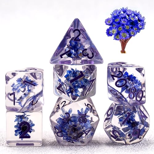D&D Flower Resin Dice Set, Polyhedral DND D and D Dice Inclusion Dice for Dungeons and Dragons MTG RPG for Ages 15 and Up-Purple - color: Flower-purple