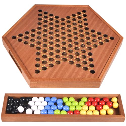 AMEROUS Large 20.5 inches Wooden Chinese Checkers Set with Storage Drawer - 60 Acrylic Marbles in 6 Colors - 12 Bonus Spare Marbles, Classic Strategy Family Board Game for Adults