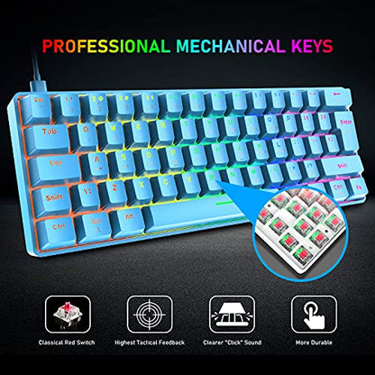 60% Mechanical Keyboard and Mouse Combo,Ergonomic Wrist Rest,6400 DPI Optical&65g Lightweight RGB Mouse,Compact Mini 62 Keys Chroma 20 Rainbow Backlit,Quiet Linear Switch for PC/Mac (Blue)