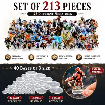 DND Miniatures Starter Set 173 Fantasy Figures for Tabletop Campaign | Acrylic flat minis with 40 bases for 1-inch grid battle maps, beginner DM gift with broad monster variety and sorted storage - style: 2d-stater-set