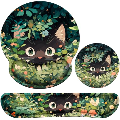 Ergonomic Keyboard Wrist Rest, Mouse Pad with Wrist Rest Anime | Cat Gaming Mousepad with Wrist Support, Memory Foam Wrist Rest Set for Computer Keyboard, Funny Cute Office Desk Accessories - color: Curious Cat