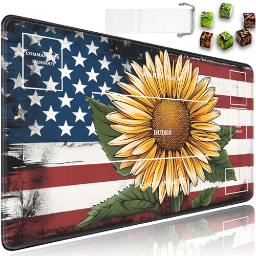 JVGFYNKL for MTG Playmat, 24 x 14 in for TCG Playmat with Zones,Trading Card Game Playmats with Storage Bag and 6 Dice, for MTG Table Mat Card Accessories, American Flag Sunflower - color: JV-Playmat-5K-4-F154