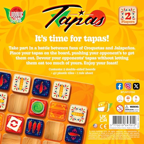 Funforge Tapas - Engaging Tile Laying Board Game for Strategic Family Fun | 2 Players | Ages 8+ | Abstract Strategy Puzzle with Croquetas & Jalapenos Theme - style: Tapas