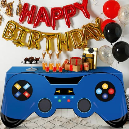 6 Ft Video Game Tablecloth Birthday Party Decoration Blue Gaming Controller Shaped Table Cover Game Pad Table Covers Protector Washable Polyester Party Supplies for Gamer Player Birthday Decoration