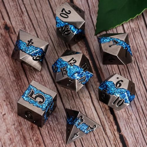 Metal DND Dice Set, 7PCS Polyhedral Metal Dice with Galaxy Glitter Inlay, Heavy RPG Dice Set for Dungeons and Dragons, Pathfinder Tabletop Games - color: Ancient Nickel Brilliant Blue
