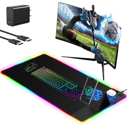 Mouse Pad with Foldable Phone Holder & Wireless Charger, XXL RGB Gaming Mousepad 31.5"x15.8" Large Desk Mat for Keyboard, Black Desk Pad with Dual Qi Charging Station | 11 Colors 5 Modes | Waterproof - color: Black-Right Phone Holder-31.5"x15.8"(with Char