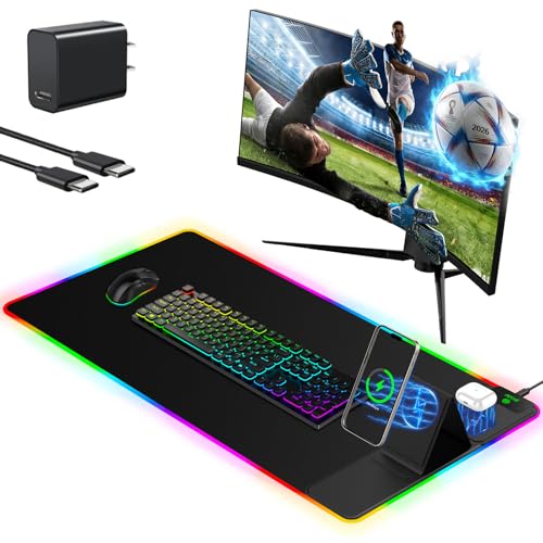 Mouse Pad with Foldable Phone Holder & Wireless Charger, XXL RGB Gaming Mousepad 31.5"x15.8" Large Desk Mat for Keyboard, Black Desk Pad with Dual Qi Charging Station | 11 Colors 5 Modes | Waterproof - color: Black-Right Phone Holder-31.5"x15.8"(with Char