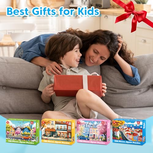 4 Packs 100 Piece Puzzles for Kids Adults, 4 in 1 Jigsaw Puzzles for Kids Ages 6-8 8-10, Beautiful House Large Piece Puzzle for Seniors Learning Educational Children Puzzle 5-8 for Boys and Girls - style: Beautiful House