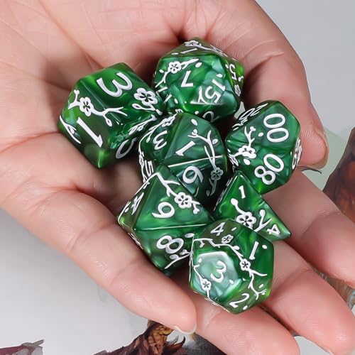 CiaraQ 7pcs Polyhedral Dice Set for Dungeon and Dragons MTG Table Games | Acrylic Role Playing Dice for D&D with Black Velvet Bag – Green Pearl with White Numbers & Plum Blossom Patterns - color: Green and White Floral Dice