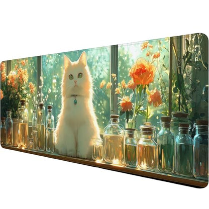 Cute Kawaii White Cat Desk Mat Green Plant Leaves Anime Extended Gaming Mouse Pad Mat with Stitched Edge Non-Slip Base Big Mouse Pad 31.5"x11.8" Office Computer Keyboard Laptop Home - color: Cute Kawaii White Cat_004, size: 11.8" x 31.5"
